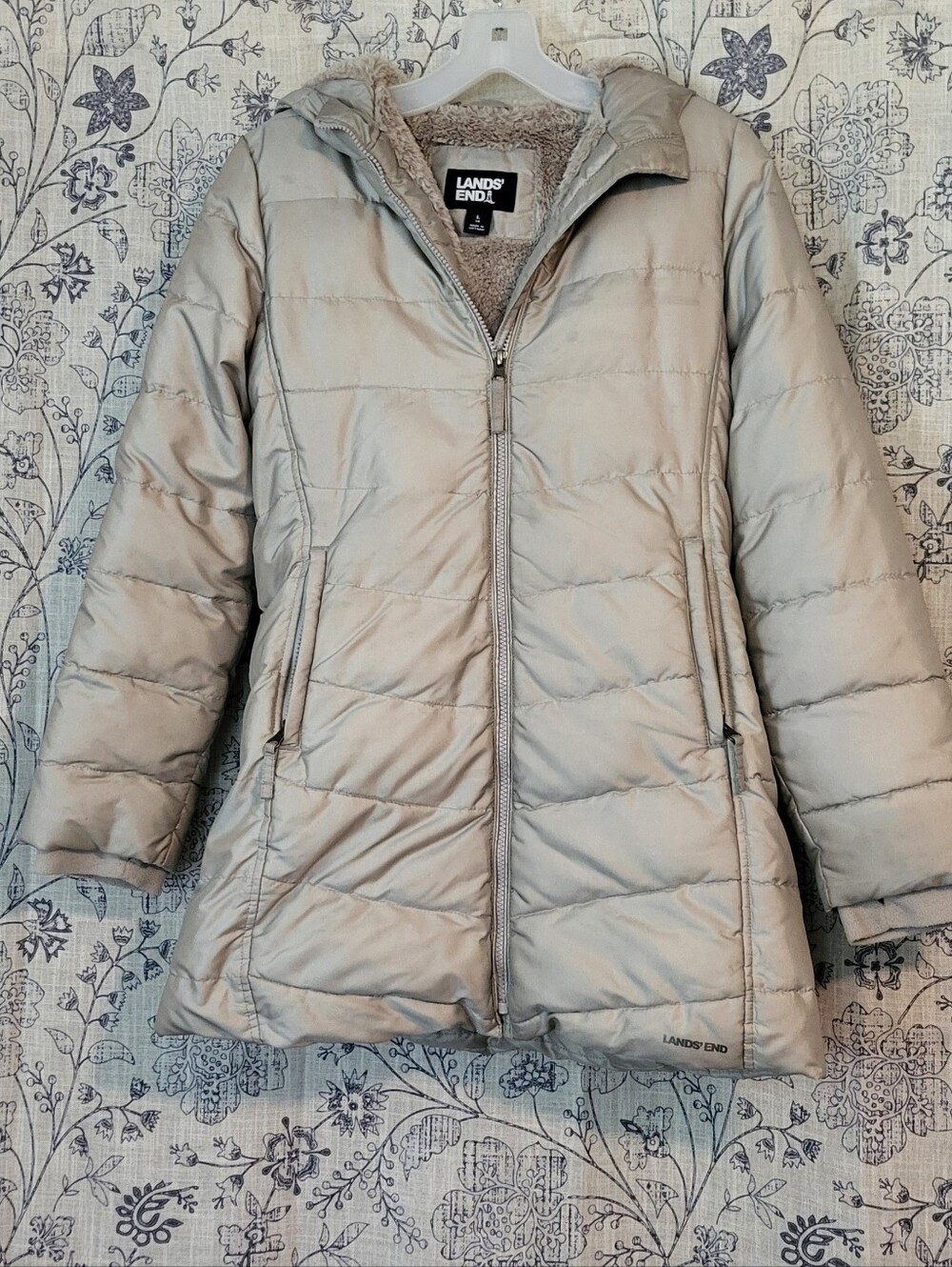 Girl's L Land's End Long Silver Winter Puffer Jacket, Faux Fur Lined